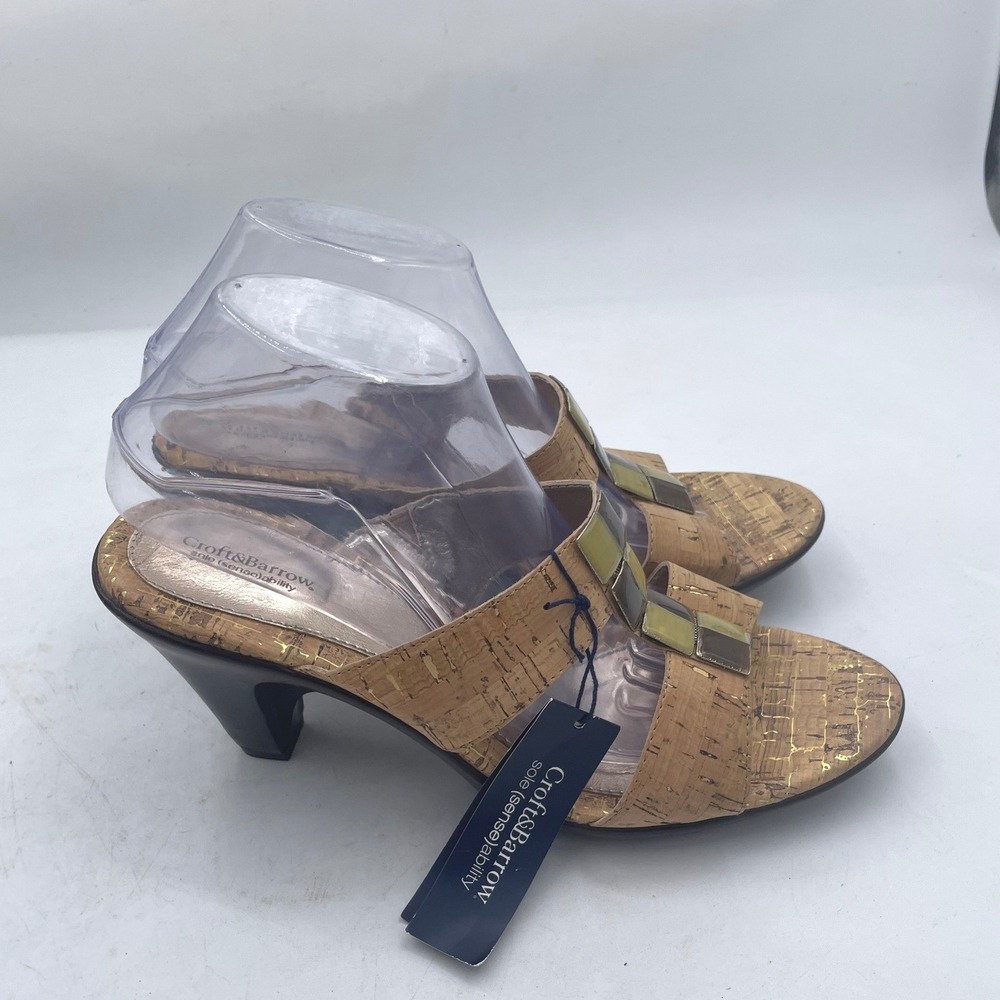 Croft & Barrow Sammy Cork Gold Fleck Kitten Heel Slide Sandals Womens 9.5 NEW
